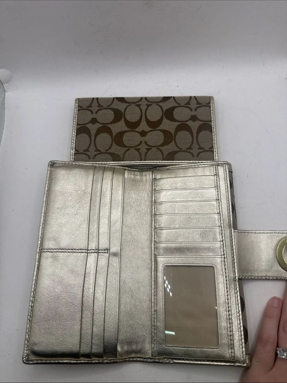 Coach Turnlock Slim Envelope Flap Wallet Purse Tan Checkbook ID Card Holder